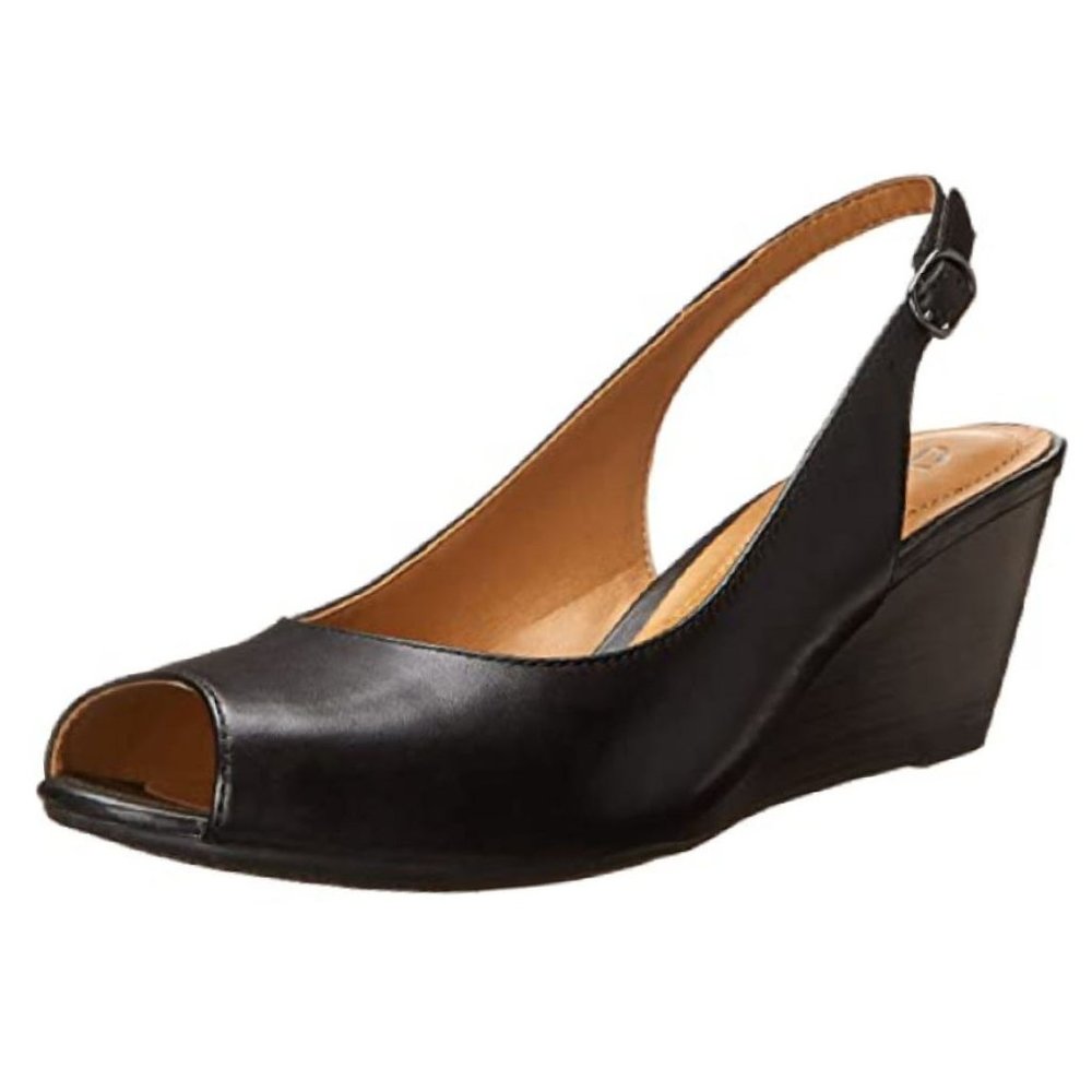 CLARK'S Women's Leather Peep Toe Wedge Heel Sandal in Black